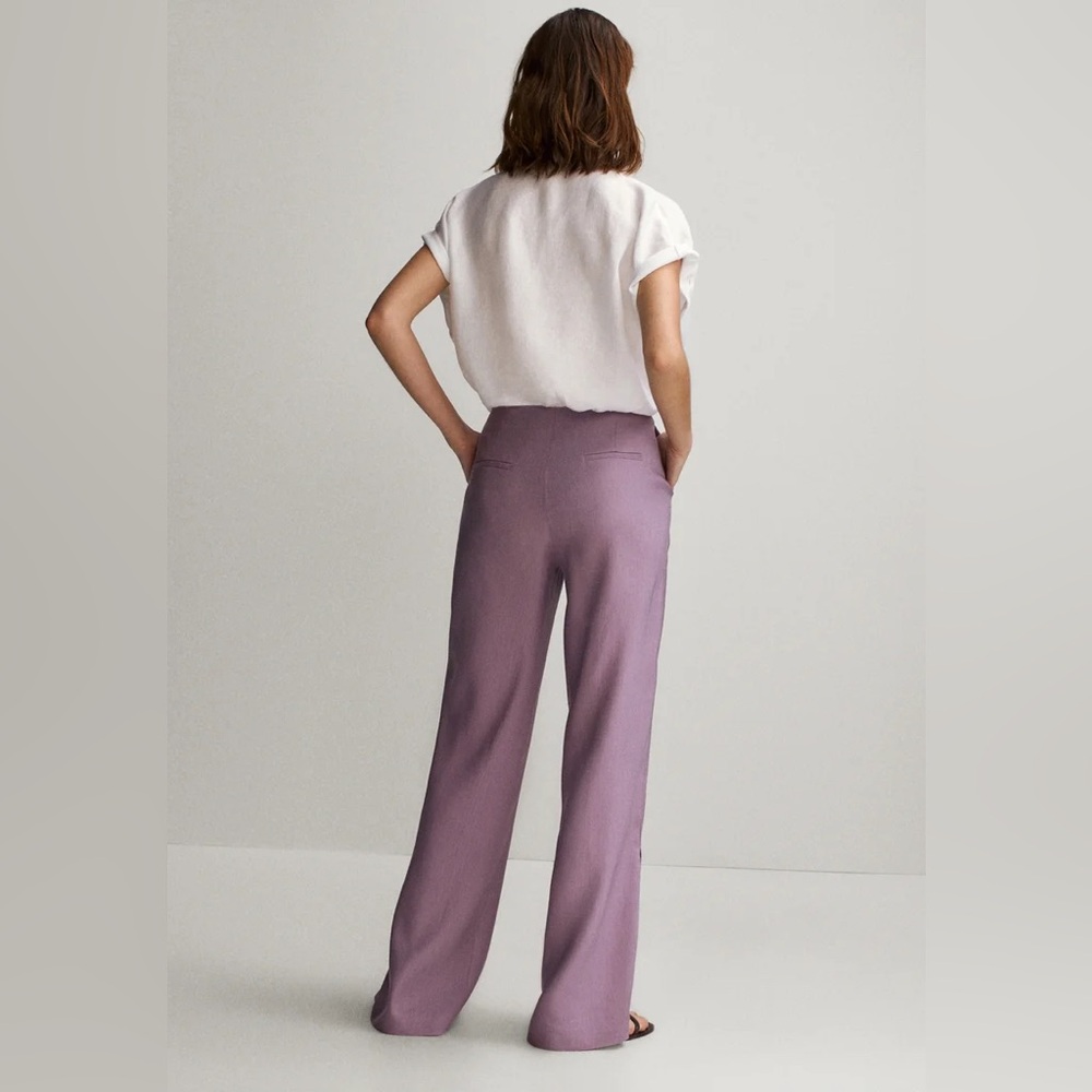 Massimo Dutti NWT Linen Lilac High Waist Straight Leg Side Slit Trousers- Size 4 - Picture 2 of 4